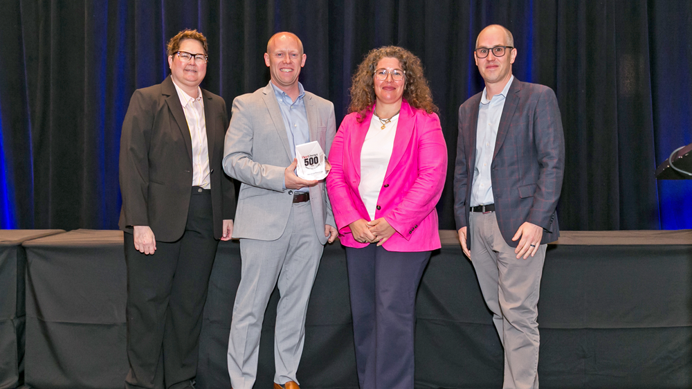 Cyndi Brandt, VP of Fleet Solutions for Descartes which sponsored the award; Marathon Petroleum Transport Operations East Director Jocko Langlois; Marathon Petroleum Transport Operations West Director Katie Zalat; and Josh Fisher, Editor in Chief for FleetOwner