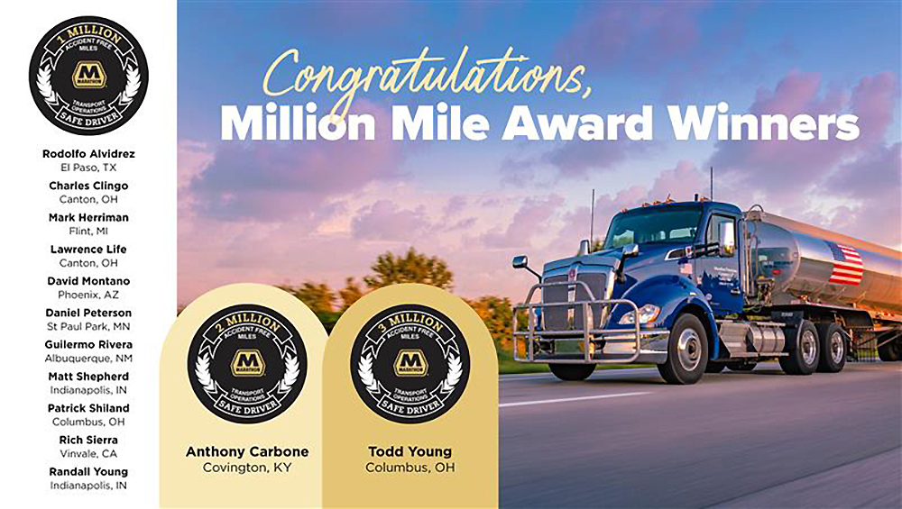 Graphic reads Congratulations Million Mile Award Winners and lists the names of the winners with an image of a truck. Graphic reads Congratulations Million Mile Award Winners and lists the names of the winners with an image of a truck.
